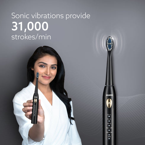COSMIC LITE Sonic Electric Tooth Brush For Adults With 5 Modes, 2 Brush Heads & Rechargeable With 4 Hours Charge Lasting Up To 25 Days, Power Toothbrush, (Black)