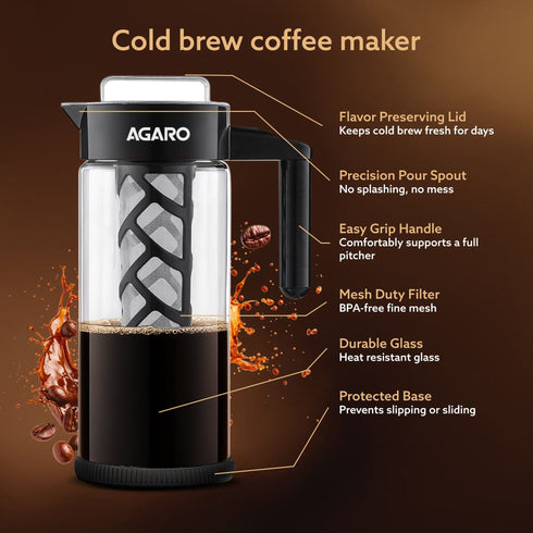 Regal Iced Brew Coffee Maker & Iced Tea Brewer – 1.3 L Borosilicate Glass Pitcher, Food Graded BPA Free Silicon with Reusable Mesh Filter – Dishwasher Safe – Ideal for Home & Travel