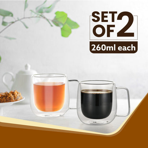 Elite Double Wall Glass Cups, 260 Ml, Insulated Tea & Coffee Cups, Hot & Cold Drinks, Coffee, Tea, Milk, Cappuccino, Juice, Microwave Safe, Stylish Espresso Chocolate Beverage, Pack of 2