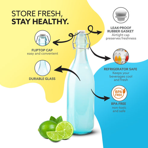 Elegant Flip Top Glass Bottle 1L Blue, 1000ml, Freezer Safe & Leakproof Flip Cap, Blue Colour & Stylish