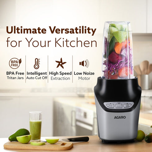 Marvel Nutri Blender, BPA Free 2 Tritan Jars, 1000W, 100% Copper Motor, 2 Speed Modes with Pulse, Detachable Base, Stainless Steel Blades, Blend, Mix, Grind, Smoothie, Juice Maker, Black