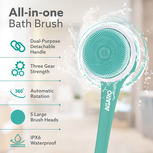 Electric Bath Brush – USB Rechargeable, IPX6 Waterproof | 5 Brush Heads, 3 Cleaning Modes, 360° Rotatable Electric Shower Brush with 14.5” Long Handle