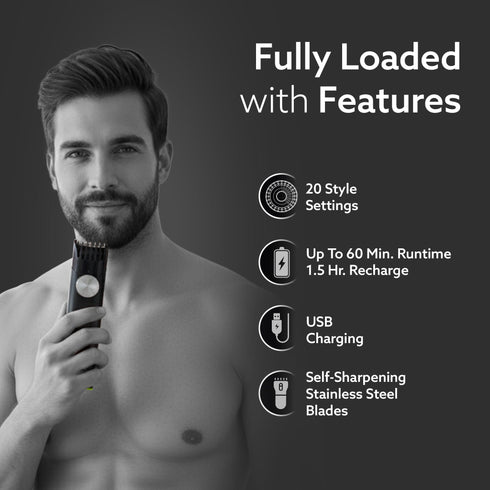 MT 8001 Beard Trimmer for Men, 60min Run Time, USB Charging, Fast Charge, 20 Length Setting, Rechargeable Battery, Black