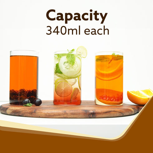 Elite Borosilicate Glass Tumbler, Serves Water, Cold Drinks, Juice, Milk, Pack of 6, 340 ml, Flame Proof Glasses, Microwave & Dishwasher Safe, Transparent