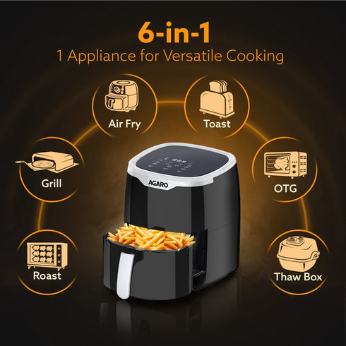 Galaxy Digital Air Fryer For Home, 4.5L, Electric Air Fryer, Convection Oven, 1400W, 7 Preset Programs & Reheat, 360 Degrees Air Circulation, Digital Touch Display, Bake, Roast, Toast, Black
