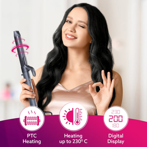 Prima Rotating Hair Curler, 32 mm Ceramic coated barrel, Automatic Curling, Fast Heating, Ceramic Coated Titanium Barrel for Long/Medium Hair, Professional Self Curling Hair Styler, For Women, Black