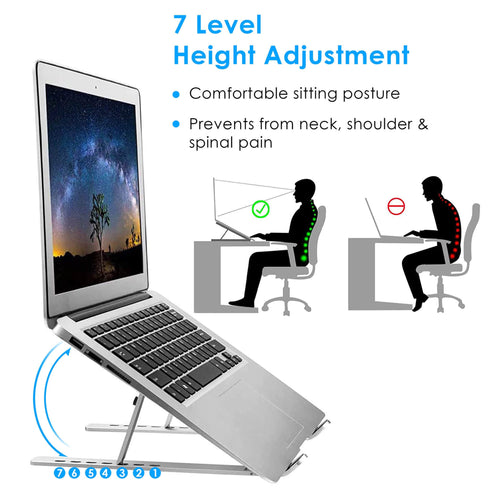 AGARO LS1821 Foldable Laptop Stand, 7 Adjustable Levels, Non Slip Silicone Pads, Aluminium Built, Laptop, Tablet, Books (Silver)