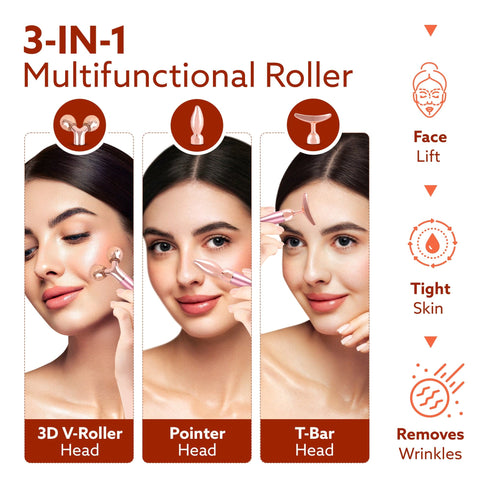 3-In-1 Face Roller, 3D V-Roller Head, Pointer Head, Facial Roller Kit for Face, Eye, Neck, Jade Roller, Anti-Aging Facial Massager for Anti-Wrinkle, (Rose Gold)