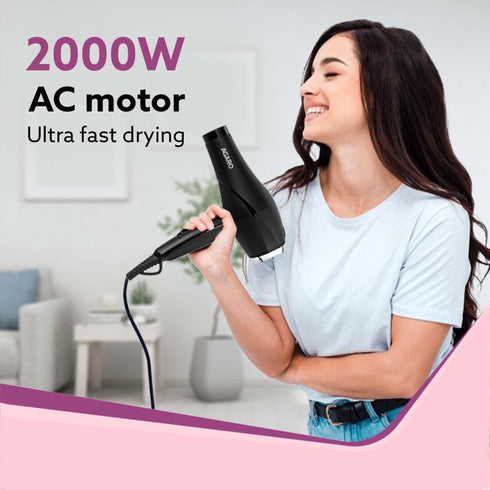 HD-1120 2000 Watts Professional Hair Dryer with AC Copper Motor, Concentrator, Diffuser, Comb, Hot & Cold Air, 2 Speed 3 Temperature Settings with Cool Shot, For both Men & Women, (Black)