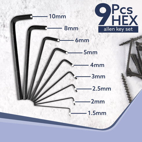 9pcs Hex Allen Key Set, Heat treated, Ideal for Repair & Maintenance for Home & DIY Use