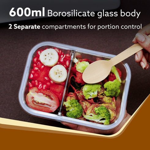 Elite Two Compartment Lunch Container, Borosilicate Glass Body, Leak proof Locking Lid, , Airtight Tiffin Containers, Microwave Oven Safe, 600Ml, Transparent