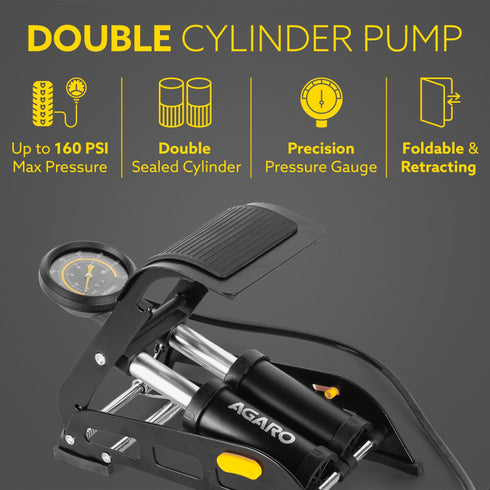 Foot Tyre Inflator, Double Cylinder Rapid Inflation, 160 PSI, High-Pressure Foot Air Pump with Integrated Gauge for Car, Bike & Cycle, Hands-Free Pedal Operation, Durable Steel Base, FP1919
