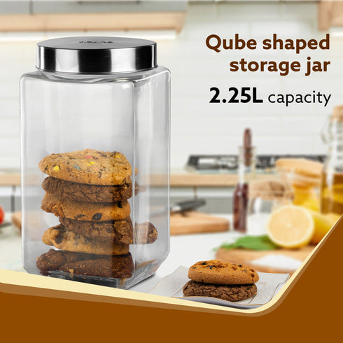 Elegant Glass Jar 2250 ml, Square Shaped, Steel Lid, Storage Glass Container, Transparent, Kitchen Organiser, Multipurpose Jar