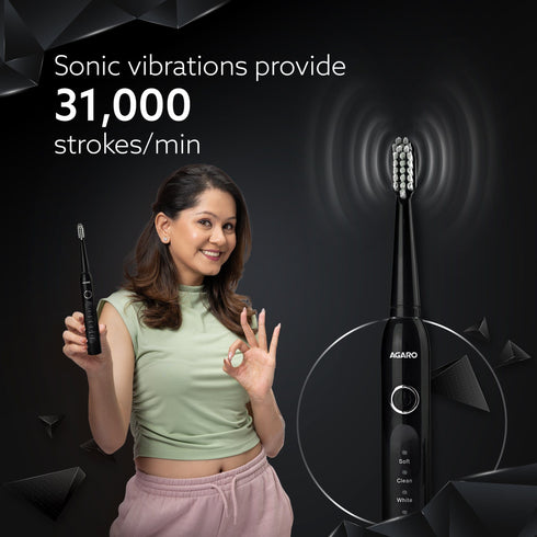 COSMIC ADVANCE Sonic Electric Tooth Brush For Adults With 5 Modes, 2 Brush Heads & Rechargeable With 4 Hours Charge Lasting Up To 25 Days, Power Toothbrush, (Black)
