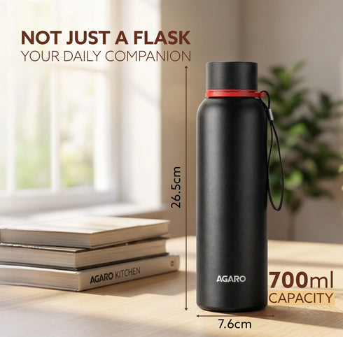 Elegant 700ml Stainless Steel Water Bottle, Up to 24 Hrs. Hot & Cold, ISI Certified, Triple Vacuum Insulated, Leak-Proof, Rust-Proof, BPA-Free, for Office, Travel, Gym, 1Y Warranty, Gun Black