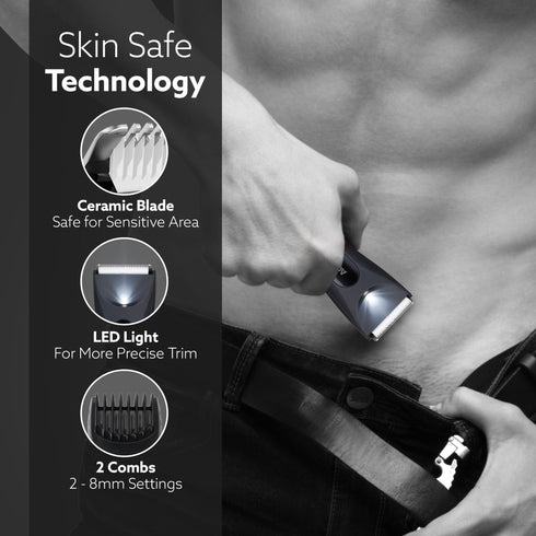 Grand Body Trimmer, For Beard, Body Shaving, 6 Length Settings, Self Sharpening Ceramic Blades, Waterproof (IPX7), Cordless, LED Torch, Dock Charging