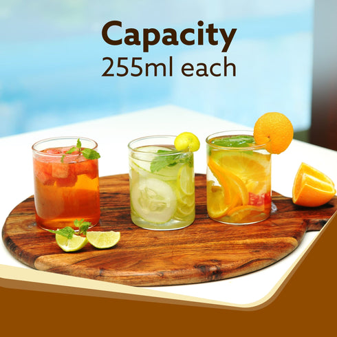 Elite Borosilicate Glass Tumbler, Serves Water, Cold Drinks, Juice, Milk, Pack of 6, 255 ml, Flame Proof Glasses, Microwave & Dishwasher Safe, Transparent