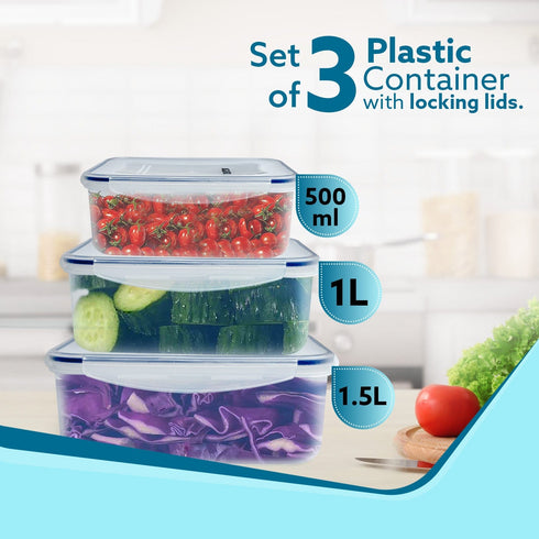 Airtight Container, Food Storage Container With Lid, Multipurpose Kitchen Container, Rectangular Plastic Body, Leak Proof, BPA Free, Capacity 500ML, 1L, 1.5L, Set of 3