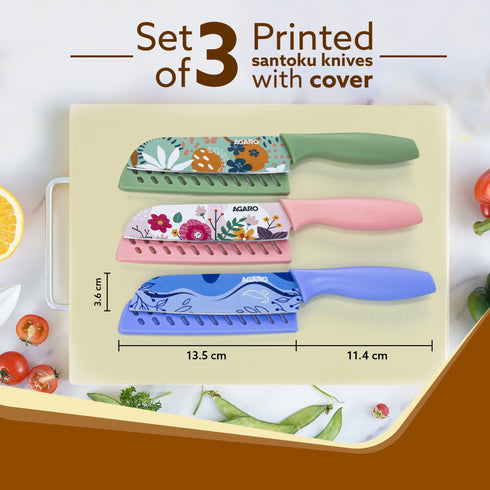 Printed Knife Set, Stainless Steel Knife for Kitchen Use, Set of 3 (Blue, Green, Pink)