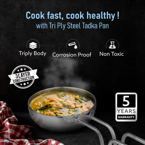Stainless Steel Regency Triply Tadka Pan, 250 ml Capacity, 11 cm Diameter, 2.5 mm Thick Body, Induction & Gas Compatible, Riveted Handle, Silver