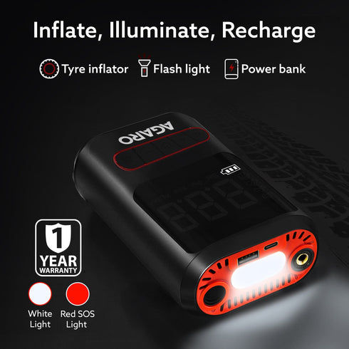 Galaxy Cordless Tyre Inflator, Portable Air Compressor, Flash Light, Power bank , Multipurpose Use, Rechargeable, Up to 150 PSI Air Pump for Car, Bike, Foot Balls, Inflatables, Black & Red