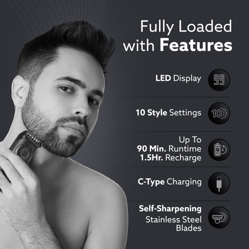Beard Trimmer MT1122, 10 Length Settings with digital display USB rechargeable multifunctional for home and travel