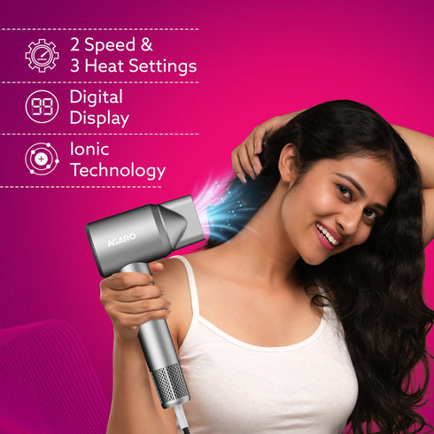 Elite BLDC Hair Dryer – 1600W Powerful Cold & Hot Air Dryer | Negative Ion Tech, 3 Heat Modes, 2 Fan Speeds, Real-Time Display, 360° Magnetic Nozzle & Diffuser, – Dark Grey