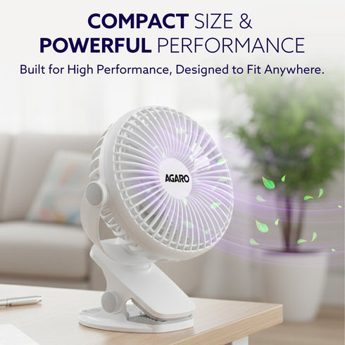 Regal Portable Clamp Fan | Rechargeable USB-C Compatible Table Fan with 3 Speeds, Multi-Clip Function, 3400 RPM & 5 Hours Runtime | 5-Inch Quiet Mini Fan for Home, Office, Car & Kitchen | White
