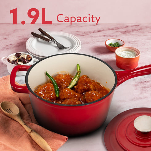 Royal Enamelled Cast Iron Sauce Pan with Lid, 19 Cm Diameter, 1.9 Liter Capacity, No Chemical Coating, Heavy Bottom, Fast Heating, Gas & Induction Oven Compatible, Milk/Tea Pan, Boiling, Red