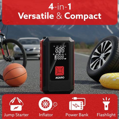 egal Tyre inflator & Jump Starter, For Cars & Bikes, 12V, Upto 150 PSI, 10000 mAH Powerful Battery, LED Light, Digital Display, Multiple Nozzles