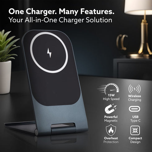 Elegant Wireless Charger, 15W, Qi-Certified, Charging Stand for iPhone 15/15 Plus/15 Pro/15 Pro Max, 14/14 Plus/14 Pro/14 Pro Max & 13/12/11 Series