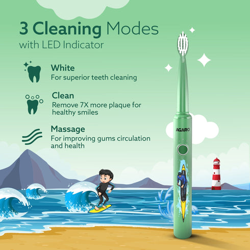 REX Lite Sonic Electric Kids Toothbrush with 3 Brushing Modes, 19000 Strokes per minute, Dupont Soft Nylon Bristles, Rechargeable Battery, Power Tooth Brush, Repleacble Heads, Green, 1 Count