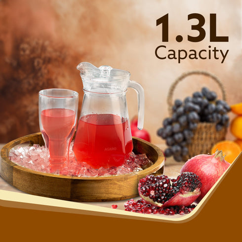 Elegant Glass Jug, 1.3L, Multipurpose Jug, Easy Pour & Strong Handle, Transparent Beverage Carafe for Home, Office, Pitcher for Serve Water, Milk, Juice, Lassi, Cocktail, Ideal for Gift