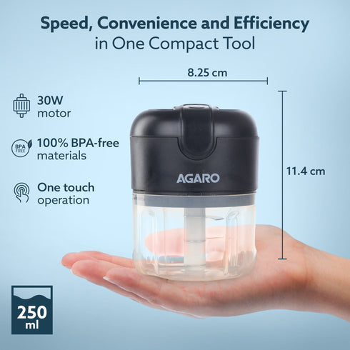 Elite Rechargeable Mini Electric Chopper, Food Grade Bowl, Stainless Steel Blades, Rechargeable, One Touch Operation, for Chopping Garlic, Ginger, Onion, Vegetable, Nuts, 250 Ml, Black