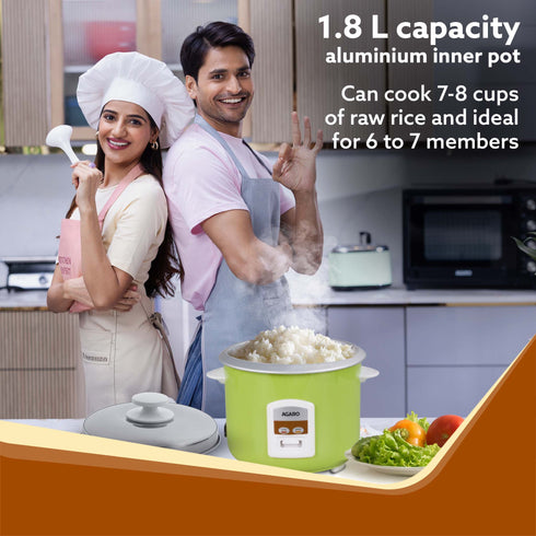 Marvel Electric Rice Cooker, 1.8L, 700W, Automatic Boiler, Steamer, Removable Aluminium Pot, Stainless Steel Lid, Keep Warm Function, Trivet Plate, Rice, Veggies, Green