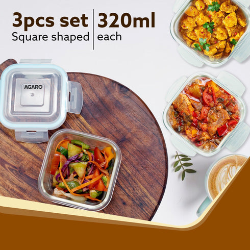 Elite Lunch Box, Set of 3 With Lunch Bag, Square Shaped, Borosilicate Glass, Leakproof & Airtight Locking Lids, Microwave & Freezer Safe, Office Lunch Box Set, Transparent, Set of 3 ƒ?? 320ml+320ml +320ml