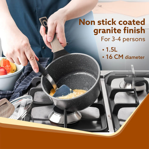 Imperial Granite Non Stick Sauce pan with Glass Lid, 1.5L / 16cm, Cast Aluminium Body, Tea Pan, Milk Pan, Soup Pan, Gas & Induction Compatible, Dark Grey