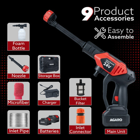 Marvel Cordless High Pressure Washer Gun | 24V Rechargeable Battery (2 x 1500mAh) | 110–240V | 10 Bar | 6-in-1 Adjustable Nozzle | 5M Hose Pipe | Car & Bike Wash | Premium Build with Cloth