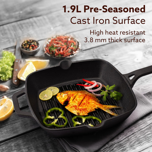 Royal Pre Seasoned Cast Iron Grill Pan, 24cm Diameter, 1.9L, No Chemical Coating, Rigid Handles, Fast Heating, Heavy Weight, Gas Oven & Induction Compatible, Frying, Cooking