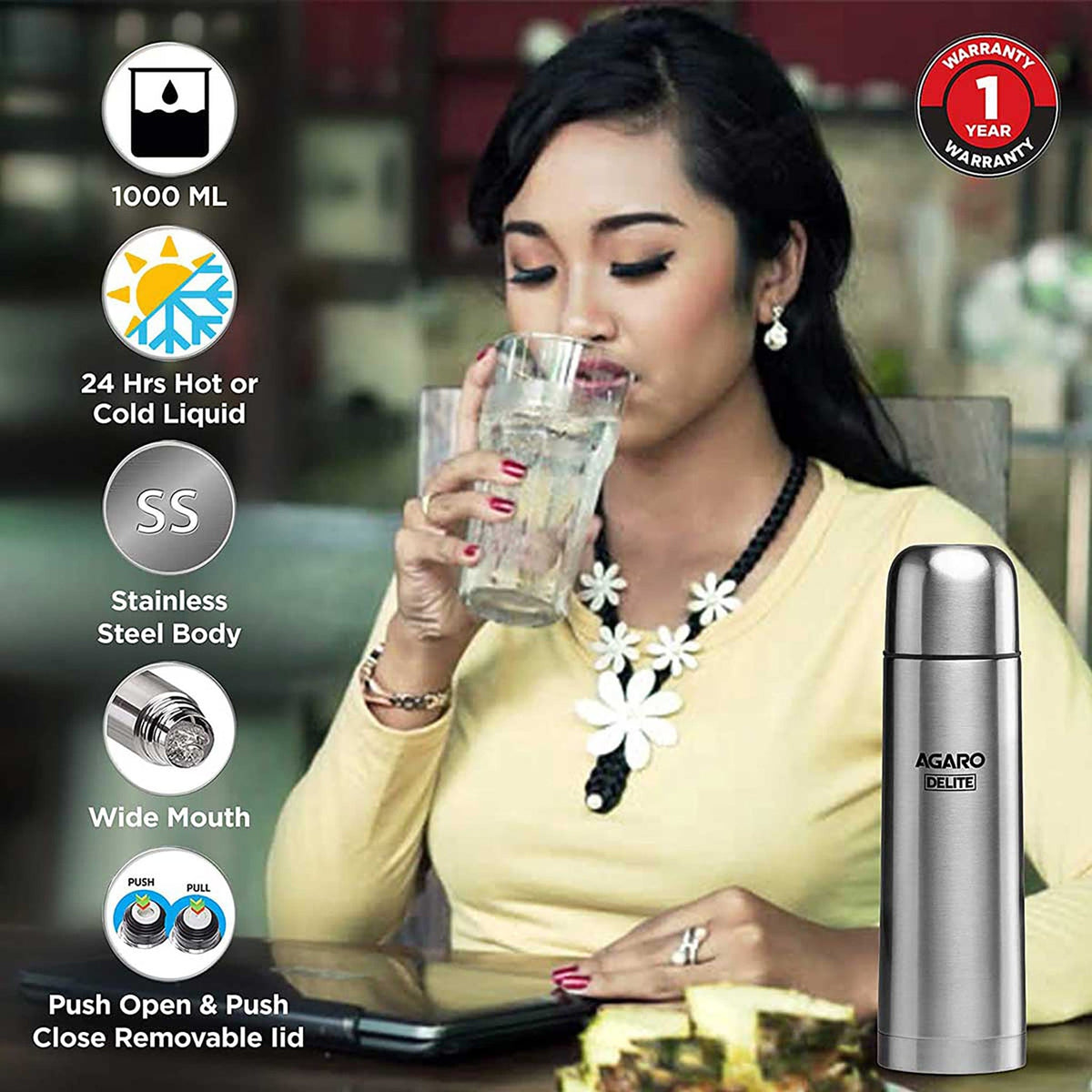 Stainless Steel 1 Litre Thermos Flask, Grey AGARO Agaro