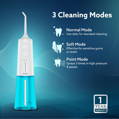Galaxy Oral Irrigator, Portable, Cordless, Rechargeable, 3 Cleaning Modes, 6 Pressure Levels in Each Mode, IPX7 Waterproof, 230ml Water tank, Flossing at Home & Travel, White & Blue