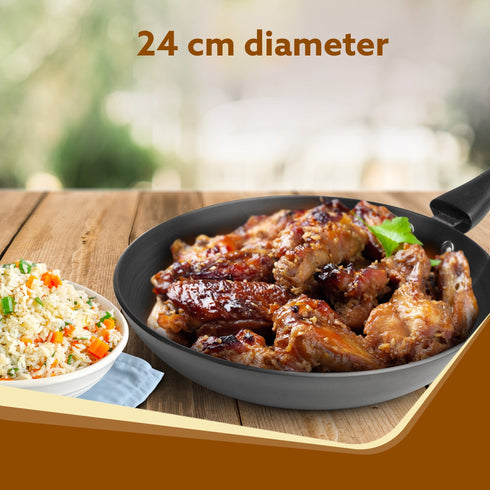 Elite Hard Anodised Tapper Frying Pan, 1.5L Capacity, 24 cm Diameter, Gas Oven Compatible, 3 mm thick plate, Riveted handle, Frying, Cooking, Serving, Black