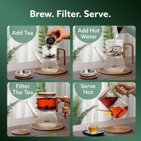 Elite Borosilicate Glass Tea Pot for Loose Tea, Stainless Steel Infuser, 760ml, Anti Scaled Side Handle, Heat Resistant, One-Touch Magnetic Filtration & Water Separation, for Home & Office