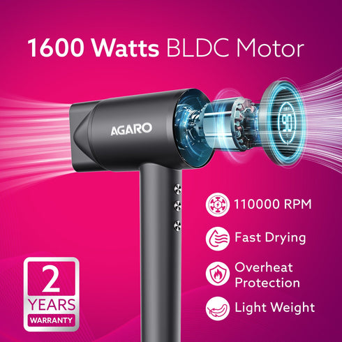 HD3240 Hair Dryer, Brushless 1600W Motor, 3 Speed & 4 temperature settings, Ionic Technology, Fast Drying High-Speed Low Noise Hairdryer with Magnetic Nozzle & Diffuser