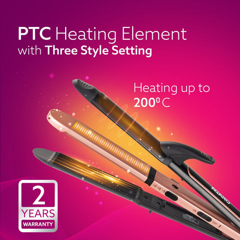 3in1 Hair Styler, Straightener, Crimper, Curler For Women HS1119, Keratin Infused Ceramic Coated Plate, Variable Style Settings, Hair styling, Colour Black & Rose Gold