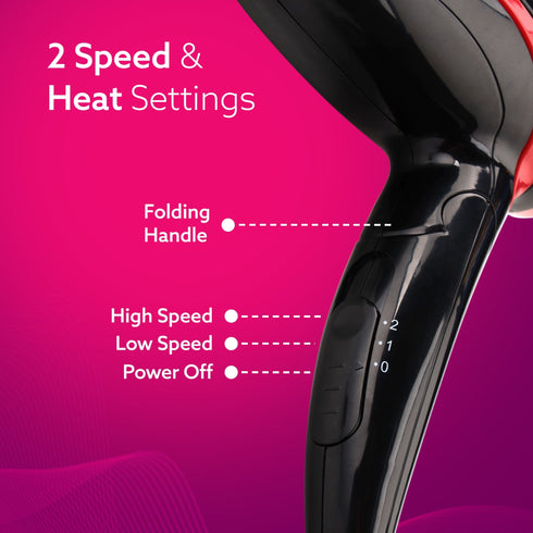 HD1177 Hair Dryer with 1000 Watts Copper Motor, 2 Speed & Temperature Settings, Foldable Handle, For both Men & Women, Black & Red