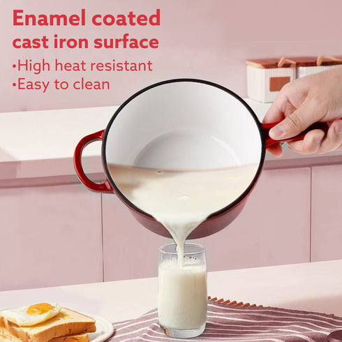 Royal Enamelled Cast Iron Sauce Pan with Lid, 19 Cm Diameter, 1.9 Liter Capacity, No Chemical Coating, Heavy Bottom, Fast Heating, Gas & Induction Oven Compatible, Milk/Tea Pan, Boiling, Red