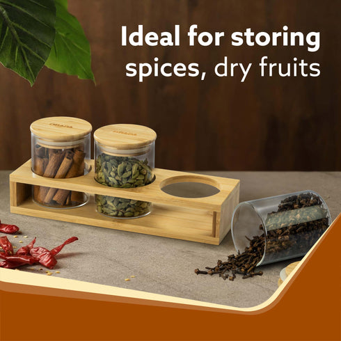 Elite Borosilicate Glass Jar 210 ml With Wooden Rack, Storage Glass Container, Transparent, Kitchen Organiser, Multipurpose Jar, Pack of 3