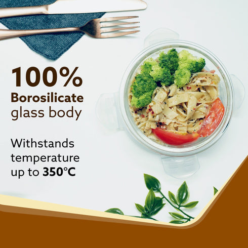 Elite Lunch Box, Set of 3 With Lunch Bag, Round Shaped, Borosilicate Glass, Leakproof & Airtight Locking Lids, Microwave & Freezer Safe, Office Lunch Box Set, Transparent, Set of 3 ƒ?? 400ml+400ml +400ml