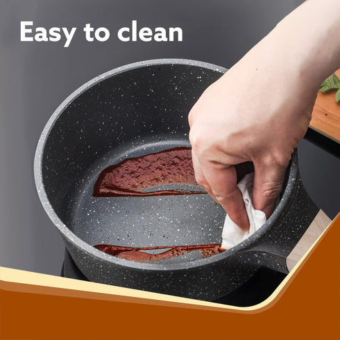 Imperial Granite Non Stick Sauce pan with Glass Lid, 1.5L / 16cm, Cast Aluminium Body, Tea Pan, Milk Pan, Soup Pan, Gas & Induction Compatible, Dark Grey